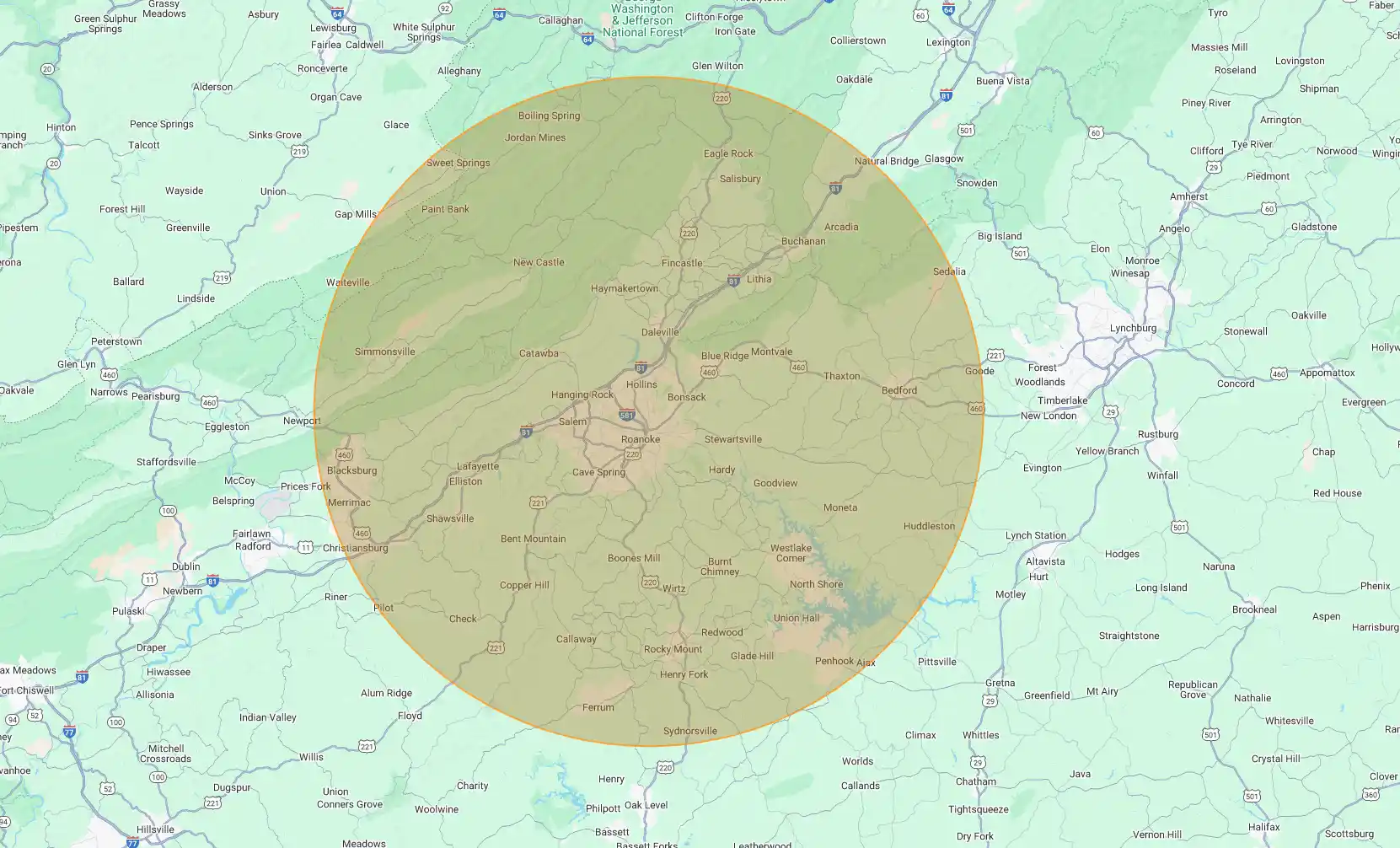 Service area map covering Roanoke Valley
